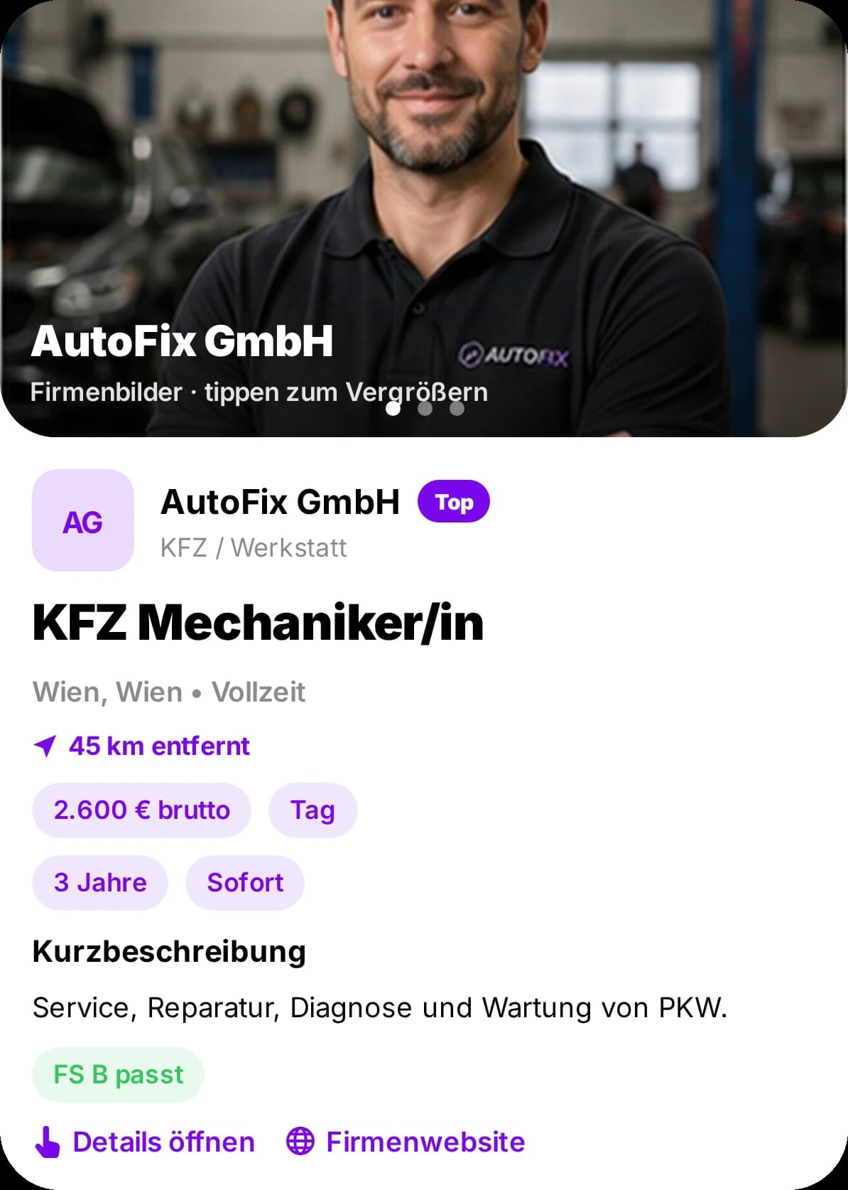 CAREERA App: Jobkarte „KFZ Mechaniker/in“ bei AutoFix GmbH in Wien